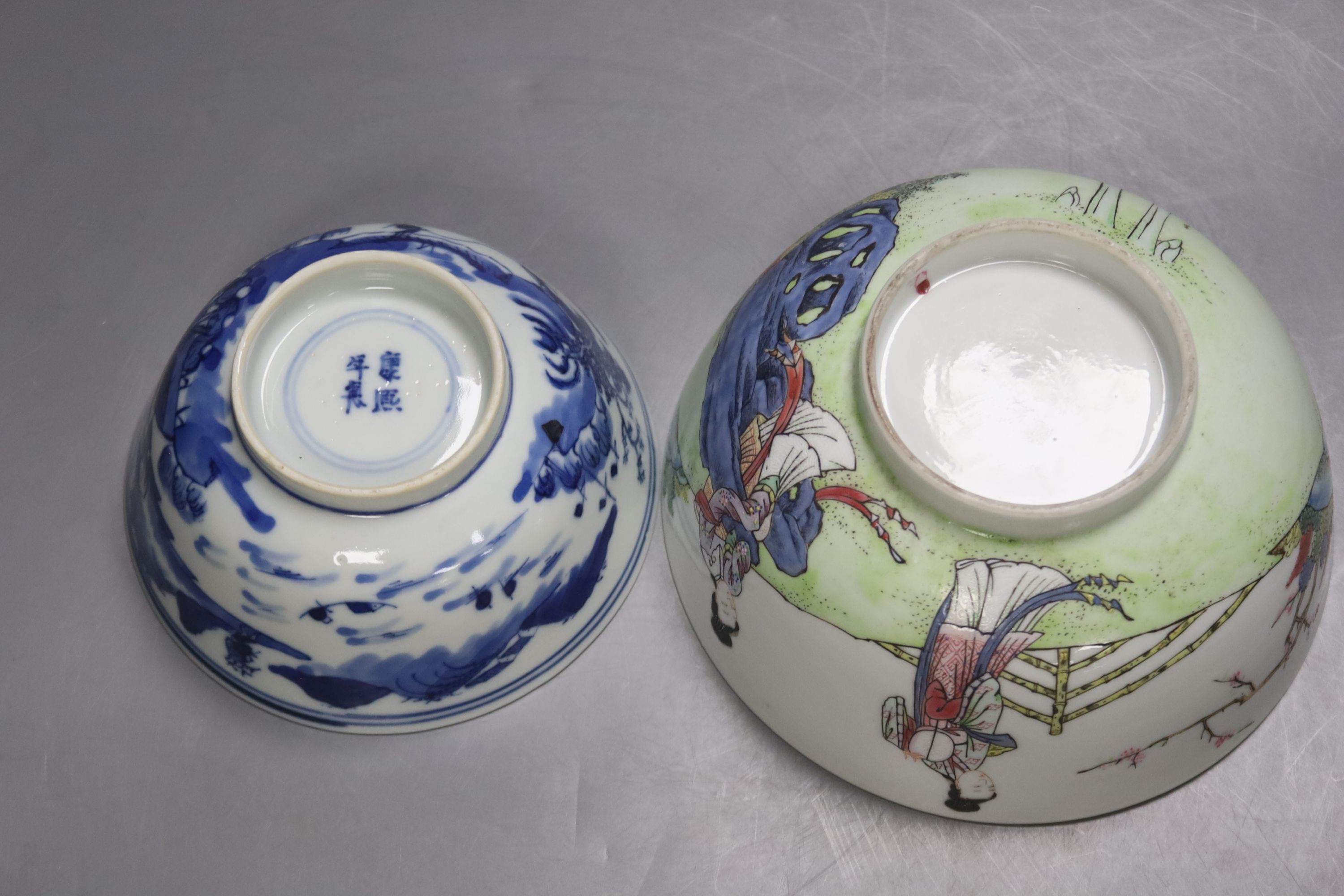 A Chinese blue and white footed porcelain bowl, Kangxi mark to underside, c1900, 12cm diameter 6cm high, together with a further hand painted famille rose, 15cm diameter, 7cm high